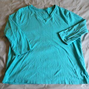 LL Bean Aqua V-Neck 3/4 Sleeve Cotton Top Plus 2X